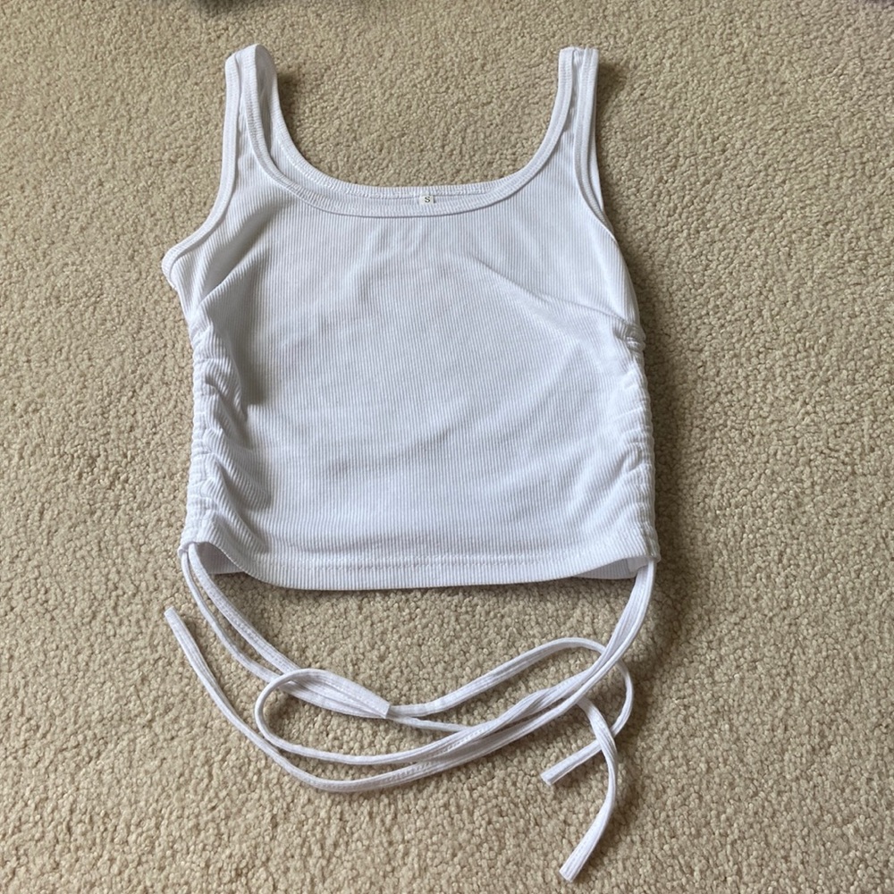 White crop tank- slightly sheer- rouched sides with ties- size S